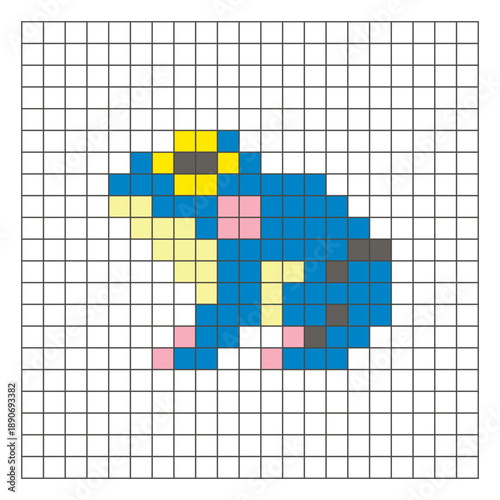 A flat pixel design made of geometric square color blocks on a clean grid layout. Pixel art frog