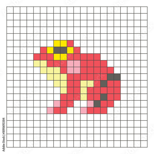 A flat pixel design made of geometric square color blocks on a clean grid layout. Pixel art frog
