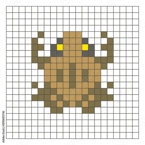 A flat pixel design made of geometric square color blocks on a clean grid layout. Pixel art frog