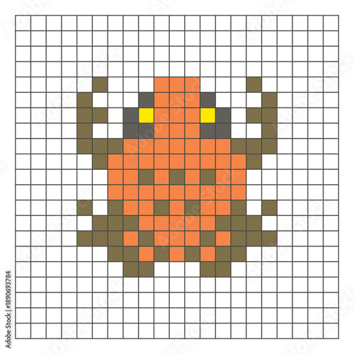 A flat pixel design made of geometric square color blocks on a clean grid layout. Pixel art frog