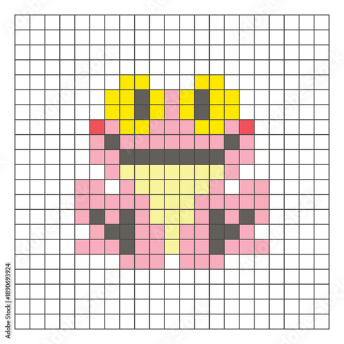 A flat pixel design made of geometric square color blocks on a clean grid layout. Pixel art frog