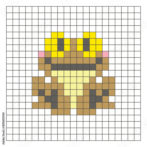 A flat pixel design made of geometric square color blocks on a clean grid layout. Pixel art frog