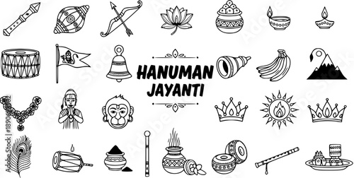 Hanuman Jayanti Icons - Black and White Line Art Collection for Indian Festival Celebration