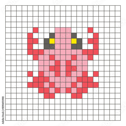 A flat pixel design made of geometric square color blocks on a clean grid layout. Pixel art frog