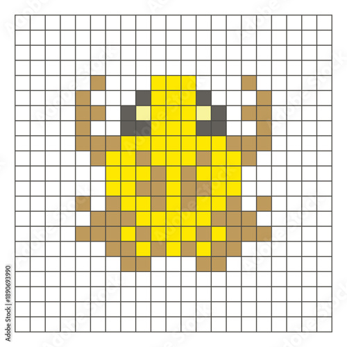 A flat pixel design made of geometric square color blocks on a clean grid layout. Pixel art frog