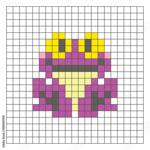 A flat pixel design made of geometric square color blocks on a clean grid layout. Pixel art frog