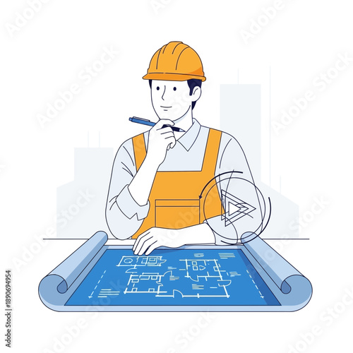 Architect thinking about blueprint, construction planning, engineer concept