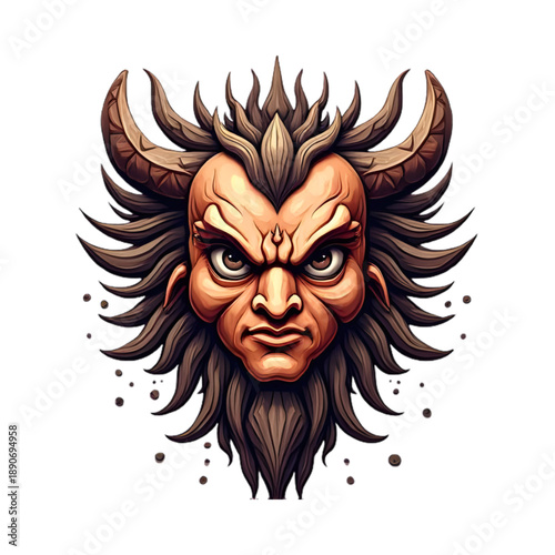 A vector illustration of a mighty head featuring a sacred design with fire elements and animal symbols for a fierce monster mascot or tattoo art sign.