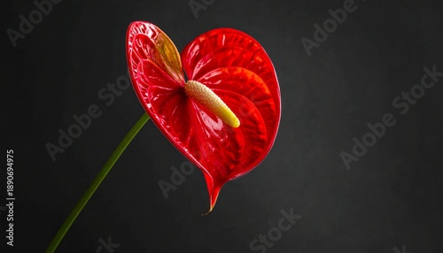 Vibrant Red Anthurium Flower with Yellow Spadix Against a Dark Background.