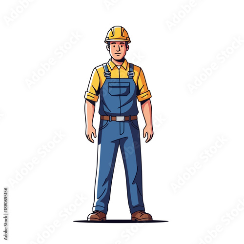 Construction Worker Standing with Hard Hat and Blue Overalls