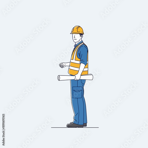 Construction worker with blueprint, wearing hard hat and safety vest