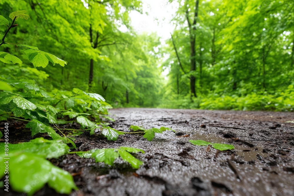 Fototapeta premium Forest Path After Rainfall Moments in a Lush Green Environment