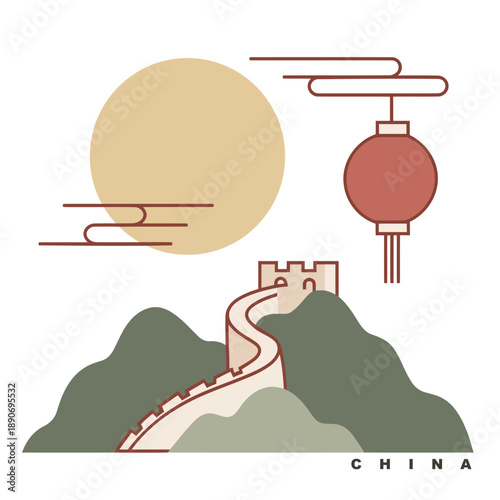 Minimalist Illustration of Chinese Great Wall, Mountains, Moon, and Lantern