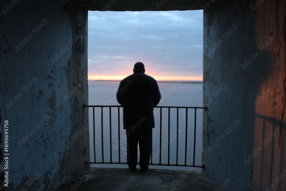 Fototapeta premium Lighthouse Keeper Standing on Balcony at Sunrise Overlooked by Sky and Water