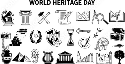 Hand-drawn Black  White Line Art Icons Set for World Cultural Heritage, History, Archaeology, and Travel Themes