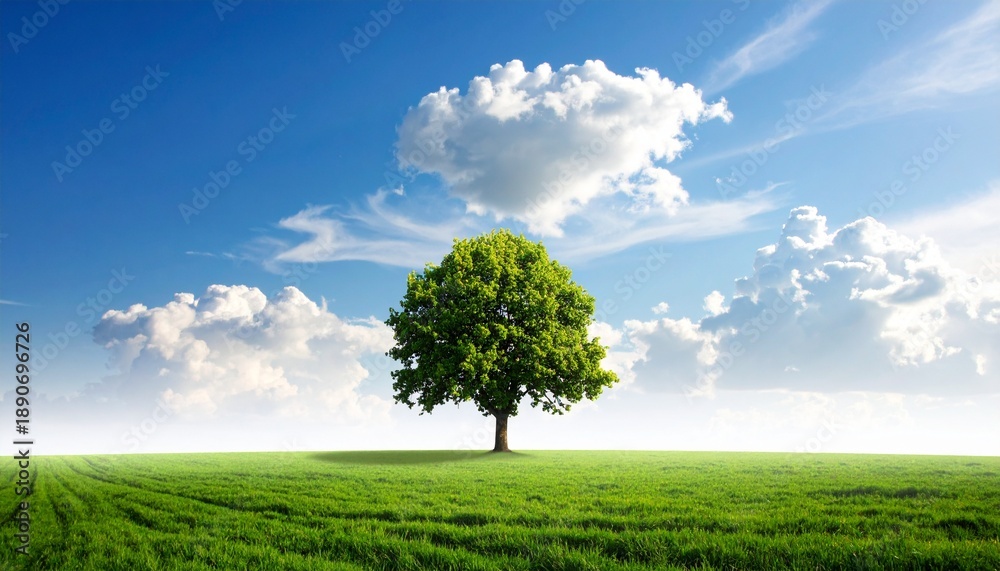 Obraz premium Vibrant solitary tree stands tall in a lush green field under a bright blue sky with fluffy white clouds.