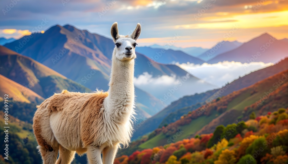 Fototapeta premium Llama standing on scenic mountain ridge with autumn foliage and glowing sky during sunrise.