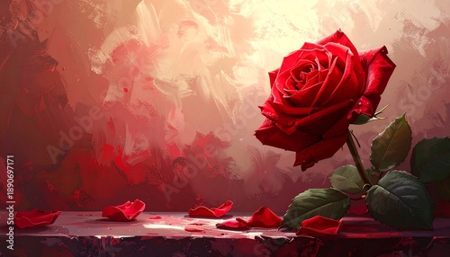 Vibrant Red Rose in Full Bloom with Scattered Petals on a Rustic Surface and a Soft Background.