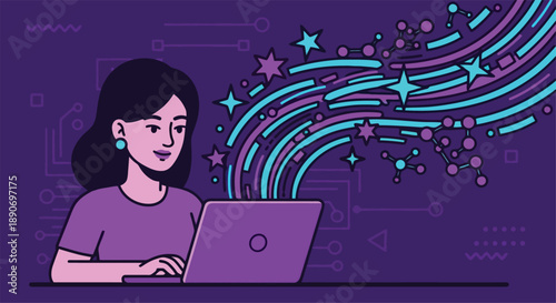 Woman Using Laptop with Creative Graphics.