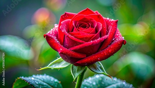 Vibrant Red Rose in Full Bloom with Water Droplets, Natures Beauty.