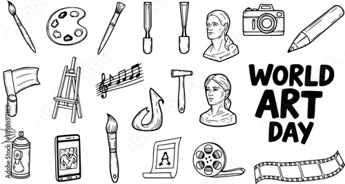 Hand-drawn Black and White Line Art collection of art, music, film, and creative tools for World Art Day.