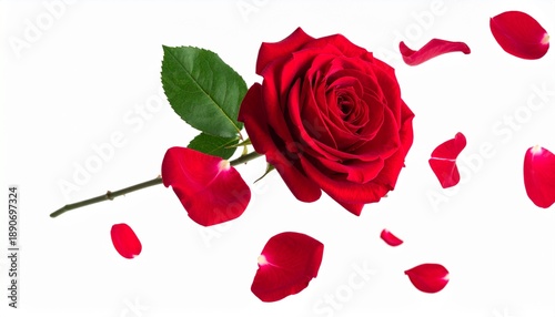 Vibrant Red Rose with Scattered Petals on a Clean White Background.