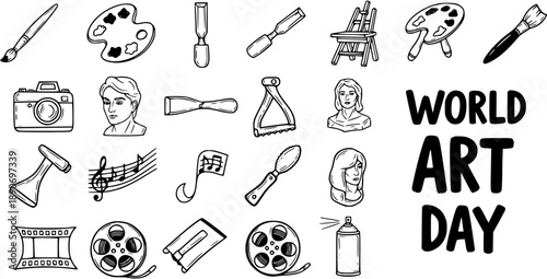 Hand-drawn Black and White Line Art Icons Set for World Art Day: Creative Tools and Symbols for Painting, Sculpture, Music, and Photography.
