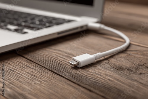 Wallpaper Mural Close-Up of Laptop Power Cable Unplugged on Wooden Desk in Professional Setting Torontodigital.ca