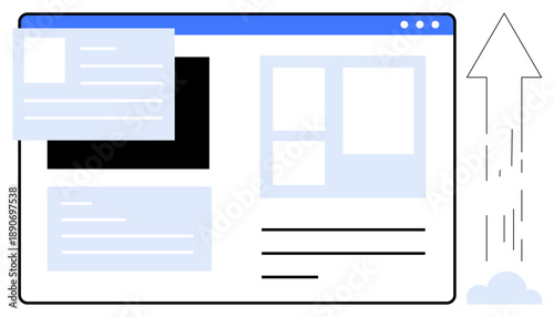 Website development, digital strategy, content management, SEO growth, online scalability, and marketing solutions. A webpage layout with CMS blocks and an upward arrow. Website development