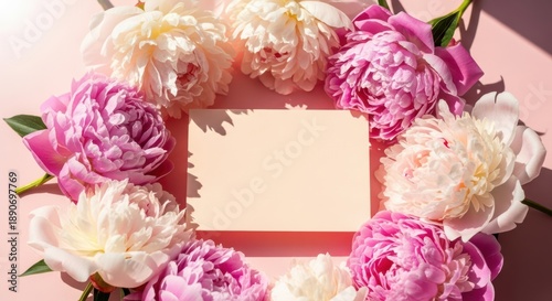 Peony Flower Border Blank Card Pink Background