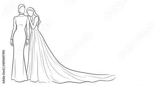 Modern lesbian bride couple line art – minimalist illustration of two elegant women in wedding dresses on transparent background