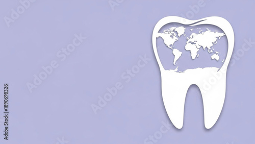 International Oral Health Day A stylized tooth shape filled with a world map graphic, representing global dental health and awareness on a soft lilac background