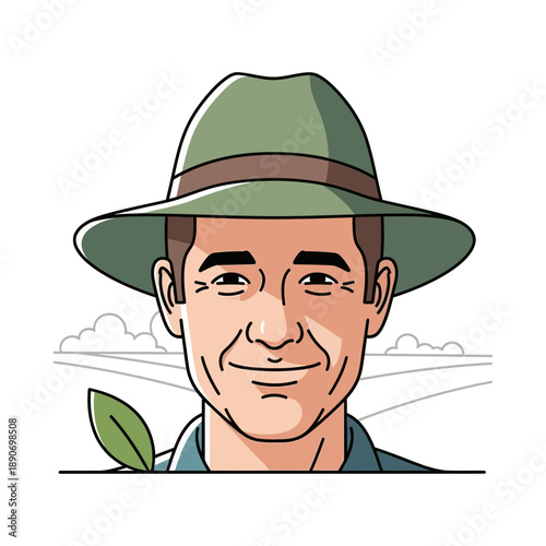 Farmer in hat with green leaf, agricultural field background, illustration