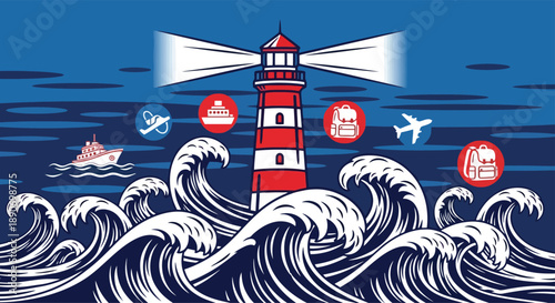 Lighthouse Standing Tall Amidst Stormy Waves.