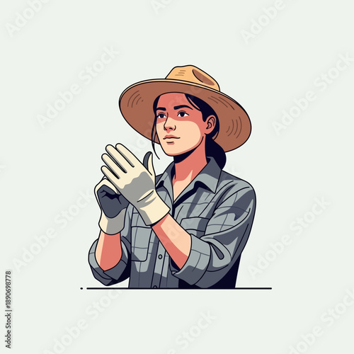 Farmer woman putting on gloves, preparing for work in agriculture