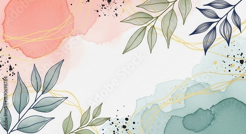 Abstract Watercolor Leaves Gold Lines Background