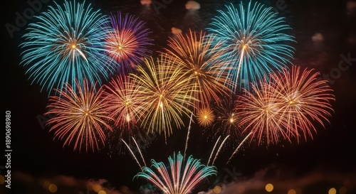 Colorful Fireworks Exploding Night Sky Celebration