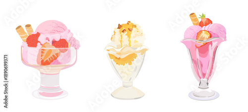 Vector hand drawn illustration set of cartoon ice cream scoops in glass bowl of vanilla, strawberry and caramel flavours isolated on white background. Perfect for menu, packaging and design. 