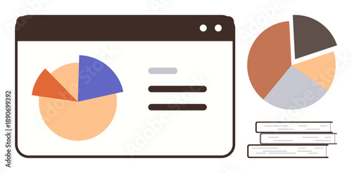 Data analysis, business reporting, education, financial planning, research insights, and statistics. A webpage with pie charts and books . Data analysis and business reporting concept