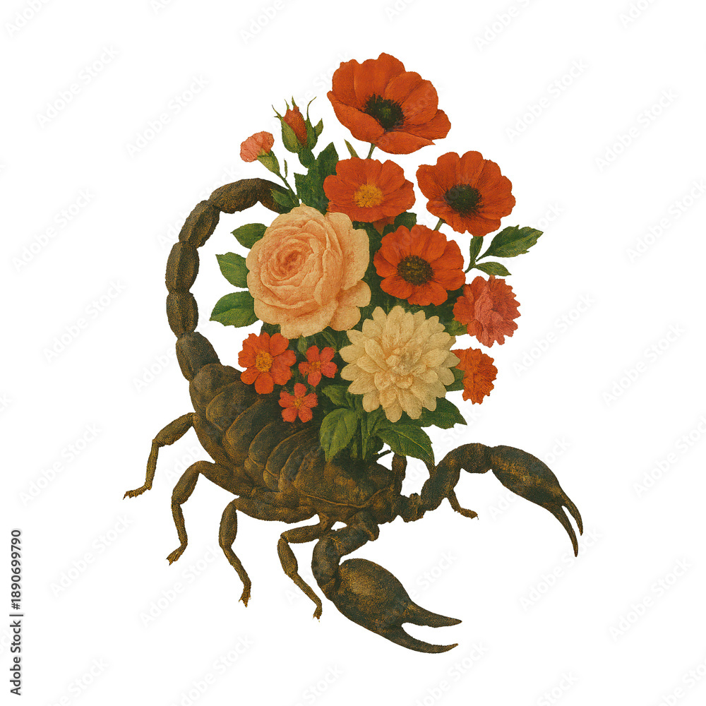Fototapeta premium PNG Scorpion adorned with vibrant flowers.