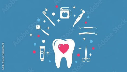 International Oral Health Day Healthy Dental Care Icons Arranged Around a Large Tooth with a Heart Symbol, Illustrating Oral Hygiene and Well-being