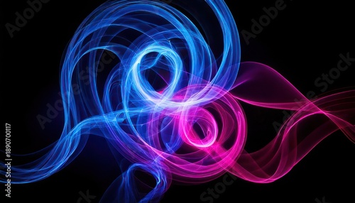 Abstract swirls of light in blue and pink against black backdrop.