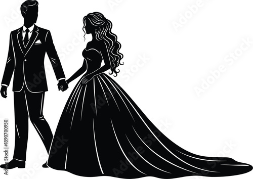Wedding couple silhouette holding hands, bride and groom unity, romantic love, marriage bond, timeless commitment, ceremony celebration, eternal partnership