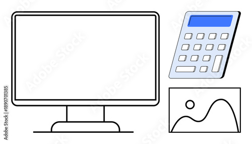 Digital tools, workspace organization, online education, technology interface, remote work setup, ergonomic design. A computer monitor, a calculator and an image icon simply. Digital tools