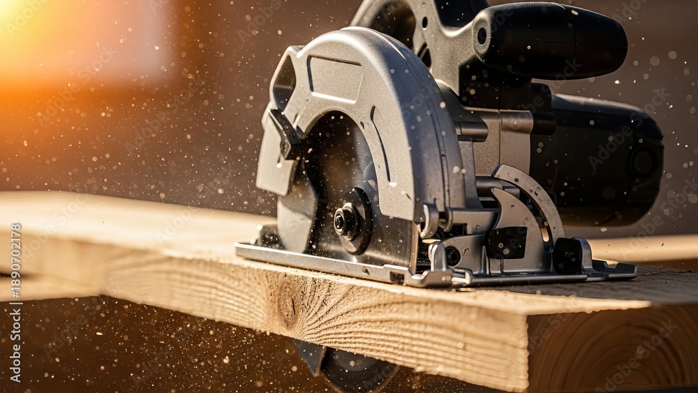 Fototapeta premium Circular saw cutting through a wooden plank