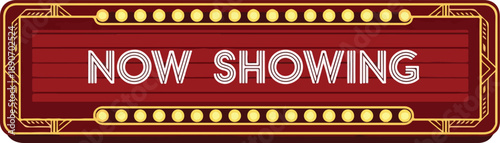 Vintage cinema marquee sign displaying 'Now Showing' surrounded by ornate lights and decorations
