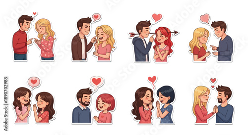 Collection of cartoon couple illustrations depicting various romantic interactions and expressions of love with heart symbols and speech bubbles.