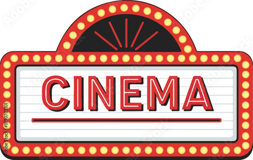 Cinema sign with red and yellow lights on a marquee at the entrance of a movie theater
