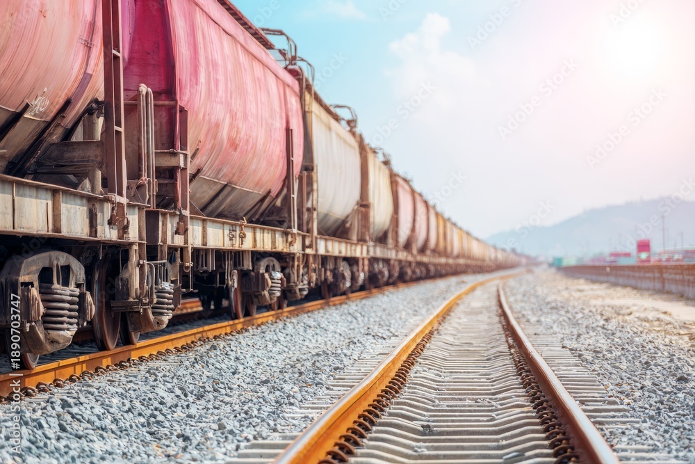 Fototapeta premium Long Cargo Train Passing Through Open Land During Bright Daylight