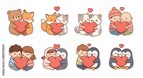 Cute cartoon pairs of animals and children holding red hearts, symbolizing love and affection.